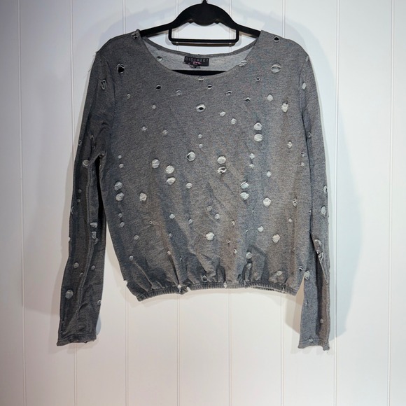 Discreet Tops - Discreet Juniors XL Grey Distressed Cutout Long Sleeve Top Elastic Hem Grunge
